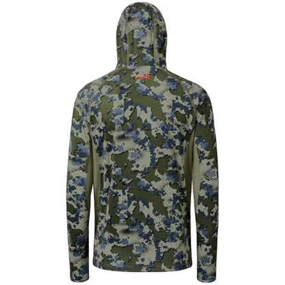 BASSDASH Men's UPF 50+ Camo Long Sleeve Hunting Fishing Hoodie Shirt - color: Green Vegetation Camo With Light Fawn Mesh, size: Small
