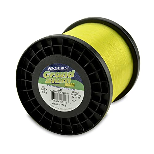 HI-SEAS Grand Slam Monofilament Fishing Line - Strong & Abrasion Resistant in Clear, Pink, Green, Smoke Blue, Fluorescent Yellow Freshwater & Saltwater - 1 lb Spool - color: Fluorescent Yellow, style: 20 Lb Test, 0.45 Mm Dia, 2640 Yd