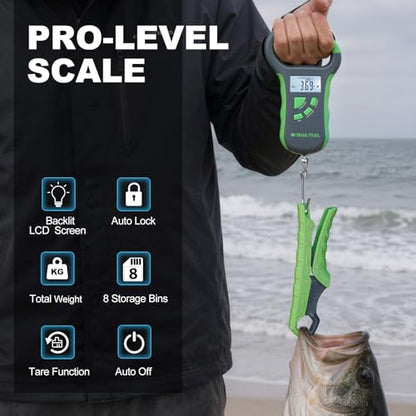 SNAIL TRAIL 8 Storage Bins Digital Bass Fishing Scale & 7.5'' Lip Gripper, Weighs Up to 50 lbs, Backlit LCD Display, Ergonomic Handle, Multi-Mode(LB, OZ/LB & KG), Tournament Fish Weigher for Anglers