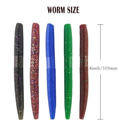 Senko Bait Soft Plastic Lures 20pcs - 4inch Wacky Rig Worms for Bass Fishing, 5-Color Mix Soft Stick Baits for Wacky & Carolina Rig Fishing