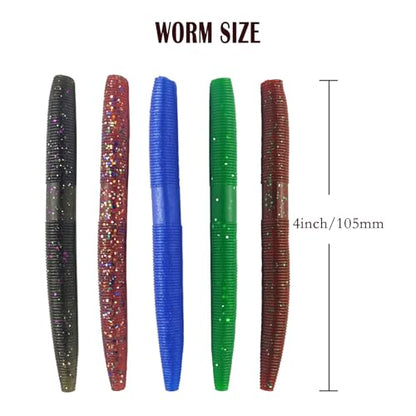Senko Bait Soft Plastic Lures 20pcs - 4inch Wacky Rig Worms for Bass Fishing, 5-Color Mix Soft Stick Baits for Wacky & Carolina Rig Fishing