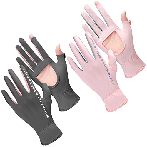 Hercicy 2 Pairs Women Sun Protection Summer UV Driving Gloves UPF 50+ Full Finger Touchscreen Non Slip Gloves - color: Pink, Dark Grey