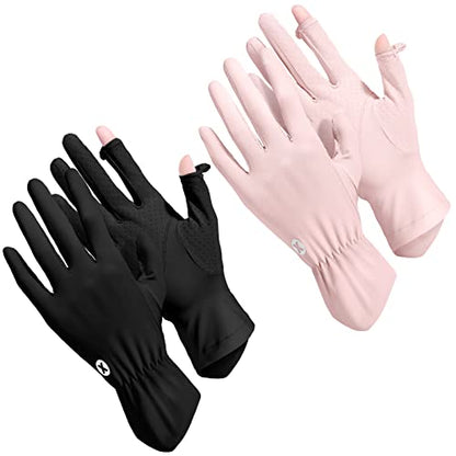 Loopeer 2 Packs Women Sun Protection Driving UV Gloves Full Finger Touchscreen Non Slip Breathable Summer Outdoor Gloves - color: Pink, Black, size: Roundel