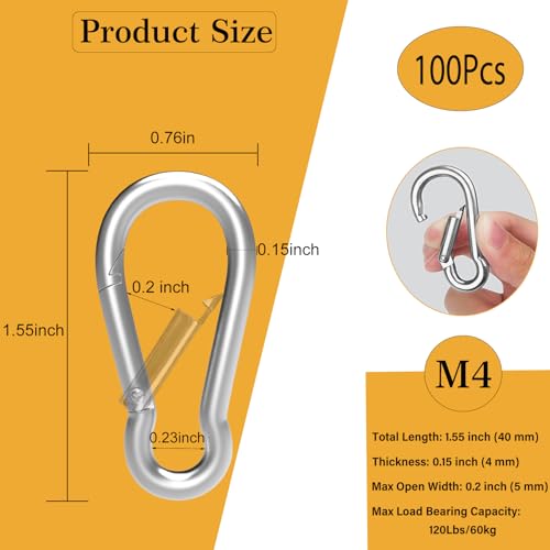 Heavy-Duty Carabiner Clip 1.57"–5.5", Black/Silver Spring Snap Hook, Quick Link Keychain Clip for Keys, Swing Set, Camping, Fishing, Hiking & Traveling (120–1350 lbs) - color: Silver, size: 1.55Inch(M4)-100PCS