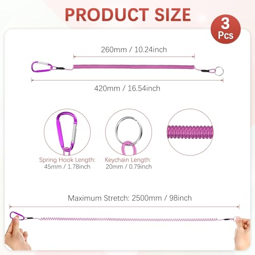 16.54IN Retractable Safety Coiled Lanyard [3PCS] - Steel Wire Fishing Rod Safety Lanyard Use for Pliers Boating - color: Purple