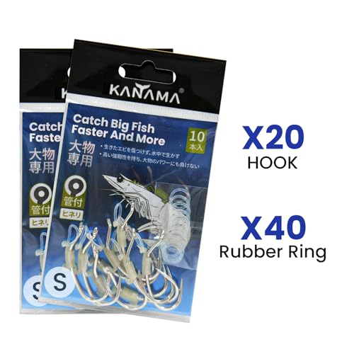 KANAMA Luminous Live Shrimp Hooks - High Carbon Steel Fishing Hooks Saltwater Corrosion Resistant Barbed Strong Hooks Freshwater Shrimp Walker, Ideal for Bass, Groupers, Pike, Catfish & More - size: S ×20
