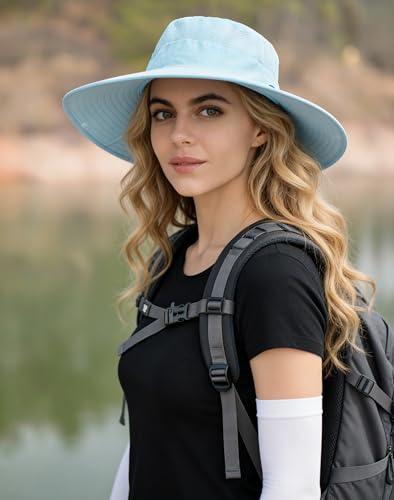 HUAMULAN Women Large Brim Sun Hat with Neck Flap, Men Quick Dry Hiking Fishing Safari Hat UPF 50+ - color: Blue With Mesh Panel