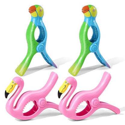 4 Pcs Towel Clips for Beach Chairs, Jumbo Size Beach Towel Clips Windproof Grip Secure Hang Towel Holder Clothes Pins Decorative Towel Clips for Pool, Cruise, Patio, Holiday Travel(Flamingo,Parrot) - style: Style:Flamingo+Parrot