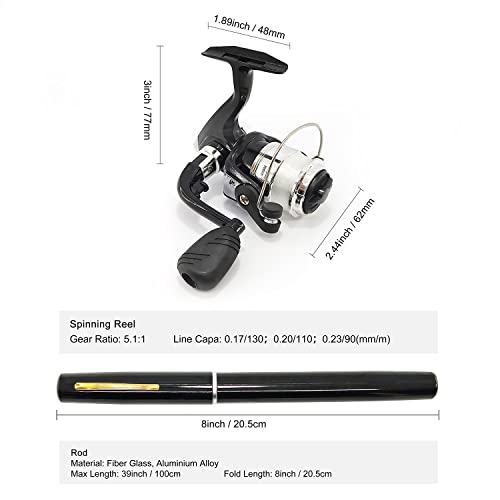 Compact Pocket Telescopic 38inch Mini Pen Fishing Rod Spinning Reel Combos Pen Folded Fishing Pole Spinning Wheel Gift for River, Lake, Reservoir, Ice Fishing and So On - color: Black