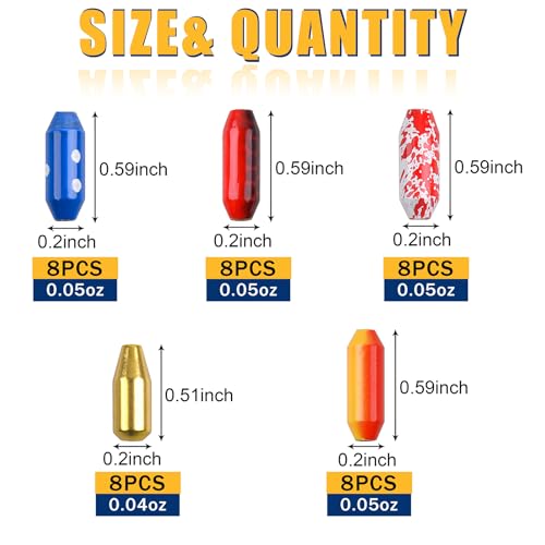 Fishing Spinner Lure Bodies, 40pcs Fishing Sinker Weights Brass Painted Spinner Lure Body Spinnerbait Making Supplies Parts Bullet Slip Sinker DIY Inline Spinnerbait Making Kit