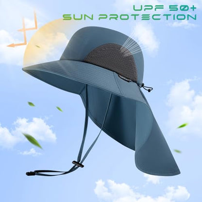 UPF 50+ Foldable Sun Hats Wide Brim with Large Neck Flap for Men Women UV Protection Gardening Fishing Beach Hat - color: Stone Blue