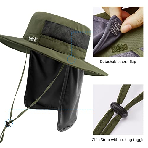 BASSDASH UPF 50+ Sun Fishing Hat Water Resistant with Detachable Neck Flap - color: Army Green - Big Head Size