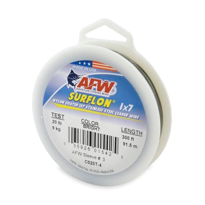 American Fishing Wire Surflon Nylon Coated 1x7 Stainless Steel Wire Leader - Wire Fishing Leader Line for Saltwater 10lb Up To 250lb Test in Bright, Black, Camo in 30ft, 100ft, 300ft, & 1000ft Lengths - color: Bright, style: 300 Feet, 20 Pound Test