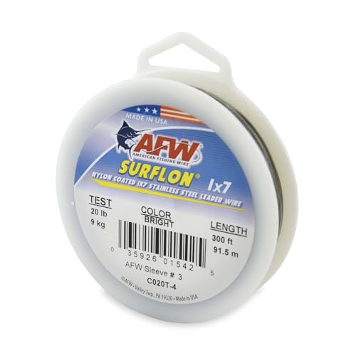 American Fishing Wire Surflon Nylon Coated 1x7 Stainless Steel Wire Leader - Wire Fishing Leader Line for Saltwater 10lb Up To 250lb Test in Bright, Black, Camo in 30ft, 100ft, 300ft, & 1000ft Lengths - color: Bright, style: 300 Feet, 20 Pound Test