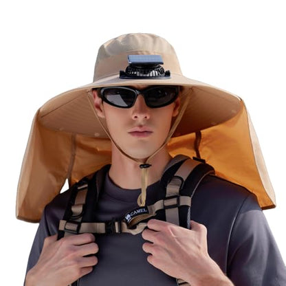 Extra Wide Brim Solar Fan Hat, Mens Fishing Hat with Fan, Neck Flap Sun Hat, UPF 50+ Solar Powered Cooling Cap Fisherman Hats - color: Khaki With Neck Flap