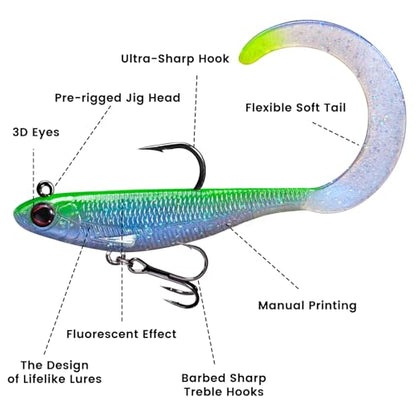 Pre-Rigged Soft Fishing Lures, Easy Catch Swimbaits for Bass Trout | Paddle & Curly Tail, Swim Baits for More Bites, Freshwater & Saltwater Fishing Bait, Crappie Walleye Pike Lures, Value Pack - color: B-2.5"-0.19oz