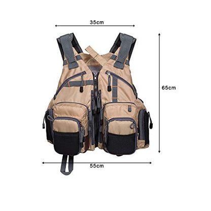 Waxaya Lightweight Fly Fishing Vest with Multi Pockets Adjustable Size Mesh Fishing Backpack for Men and Women - color: Khaki