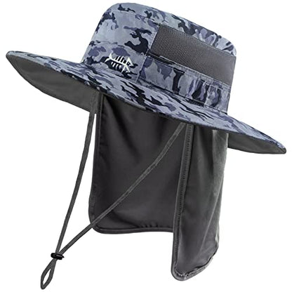BASSDASH UPF 50+ Sun Fishing Hat Water Resistant with Detachable Neck Flap - color: Storm Camo
