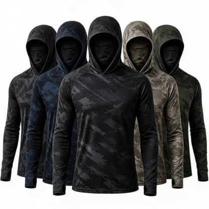 5 Pack Men's Camouflage Long Sleeve Hooded Shirt with Balaclava Face Mask,Sun Protection Fishing Hunting Rash Guard - color: 5color B Set, size: X-Large