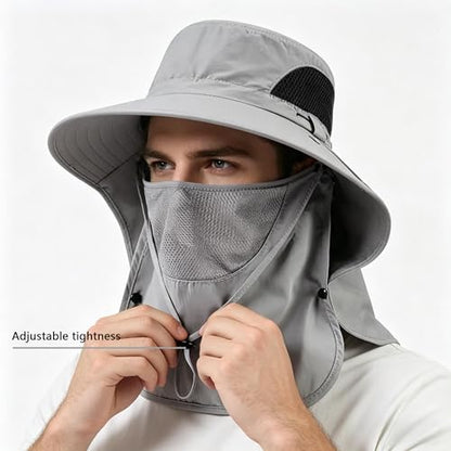 Sun Hat for Men and Women, UPF 50+ UV Protection, Wide Brim Breathable, Fish Hat with Neck Flap and Breathable Face Mask - color: Light Gray