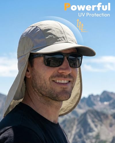 Mens Sun Hat with Breathable Mesh Sun Hats for Men Sun Protection Fishing Hat with Neck Flap for Hiking Cycling - color: Khaki