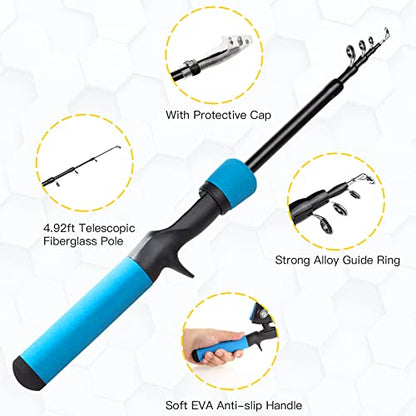 Kids Fishing Pole Kit, 59'' Telescopic Rod and Reel Beginner Combo with Spincast Reel,Tackle Box, Carrier Bag,Fishing Gear for Boys,Girls, Toddler,Youth - color: Blue+Black
