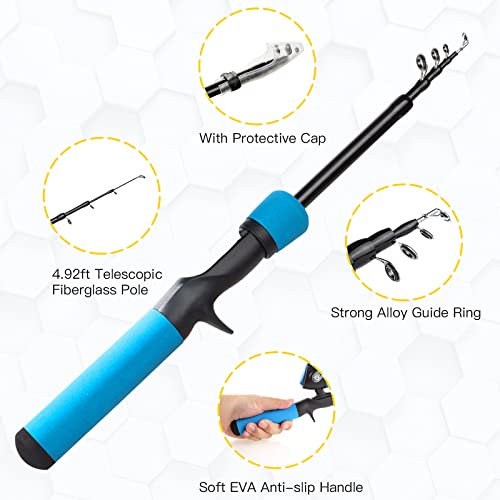 Kids Fishing Pole Kit, 59'' Telescopic Rod and Reel Beginner Combo with Spincast Reel,Tackle Box, Carrier Bag,Fishing Gear for Boys,Girls, Toddler,Youth - color: Blue+Pink