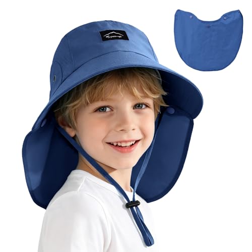 Kids Sun Hat with Detachable Neck Flap for Boys & Girls Wide Brim Fishing Hat for Kids Water Resistant UV Protection - color: 1 Pack-blue