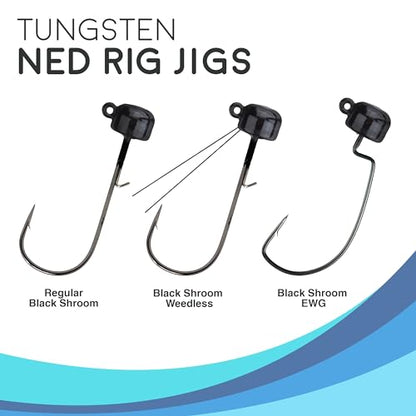 Reaction Tackle Tungsten Mushroom Head Jig Heads, Ned Rig Shroom Jigs for Finesse Bass Fishing, Stand Up Bait with Weedless and EWG Hook Options (5-Pack) - color: Black, size: 1/10 Oz Weedless
