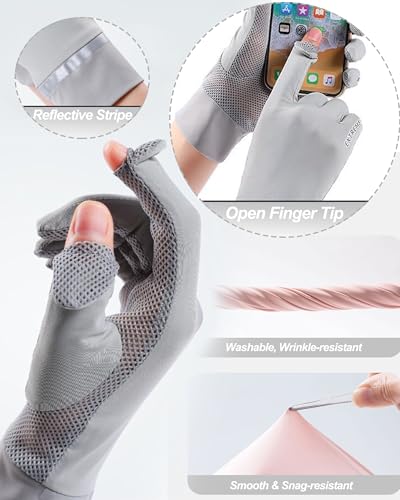 Women Sun Gloves UPF 50+ UV-Protection, Summer 2-Fingers-Flip Thin Ice-Silk Breathable Mesh Cooling Running Gloves - color: Grey
