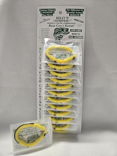 Kelly's Striper 12 Pack Anise Scented 3 Hook Pre-Rigged Worms, Plastic, 5.5 Inches, 8 Colors, Made in USA - color: Yellow/Black