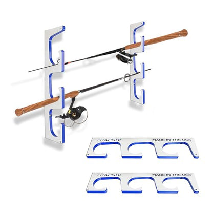 TRAPSKI Made in the USA Premium Fishing Rod/Pole Holder Rack Organizer | Wall or Boat Mounting Fishing Rod Rack | Marine Grade HDPE Plastic | Pole Holder for up to 3 Rods | Stackable - color: H3 White/Blue