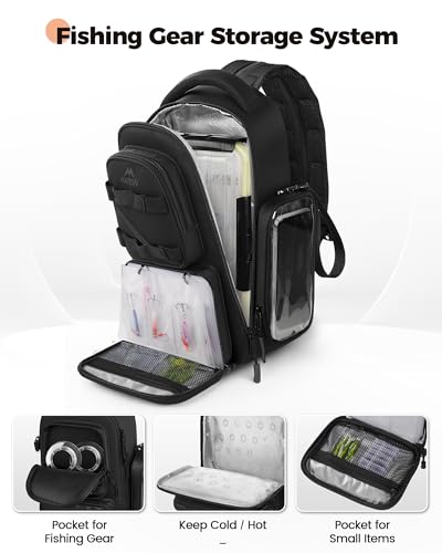MATEIN Fishing Sling Bag with Phone Pouch, 3600 Tackle Box Backpack | Tackle Bag with Removable Bait Binder, Fishing Bag with Lure Rod Holder, Cooler Compartment, Waterproof, Women Fishing Gifts - color: Black