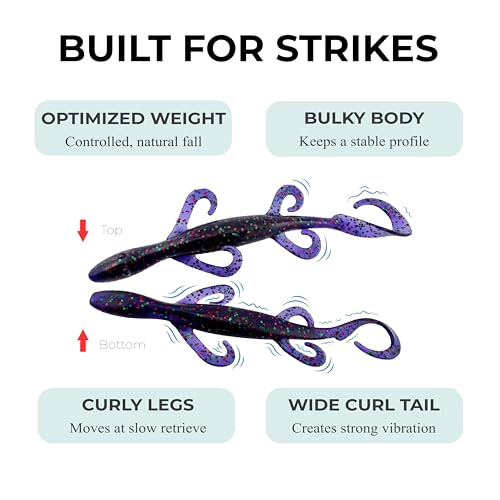 Wild Lizard Soft Lure, 5.5 Inch Scented Creature Bait for Bass Fishing, Active Legs & Tail, Dense Salt Body for Natural Sink, Ideal for Texas & Carolina Rig, 10-Pack - color: Black Red Flake