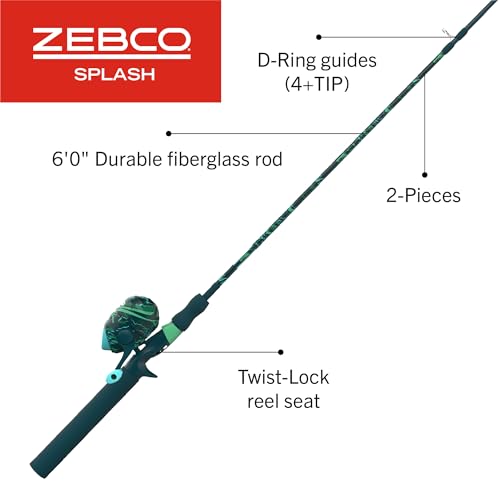 Zebco Splash Spincast Reel and Fishing Rod Combo, Fiberglass Rod, Ball Bearing System, All Metal Gears, 8-Pound Line - color: Grunge Green