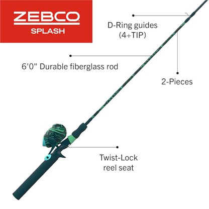 Zebco Splash Spincast Reel and Fishing Rod Combo, Fiberglass Rod, Ball Bearing System, All Metal Gears, 8-Pound Line - color: Grunge Green