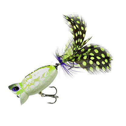 Arbogast Hula Popper 2.0 Topwater Fishing Lure with Feathered Treble Hook and Crackle Pattern Body - color: White Zombie