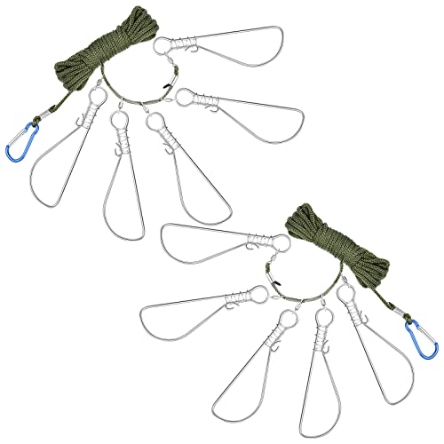 2 Sets Fishing Stringer Clip 16 Feet Rope Fish Stringer Fish Holder with 5 Stainless Steel Snap Hook for Kayak Fishing Gear Equipment Bass