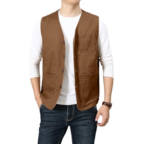 PRIJOUHE Men's Casual Outdoor Cotton Vest Lightweight Breathable Multi-Pocket Fishing Safari Travel Vests Outwear - color: 02-brown, size: XX-Large