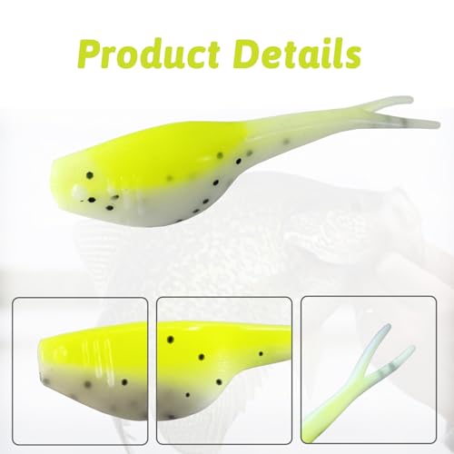 Split-Tail Crappie Lures - 24pcs Soft Plastic Lures for Bluegill, Panfish, Trout, Bass - color: Yellow-white