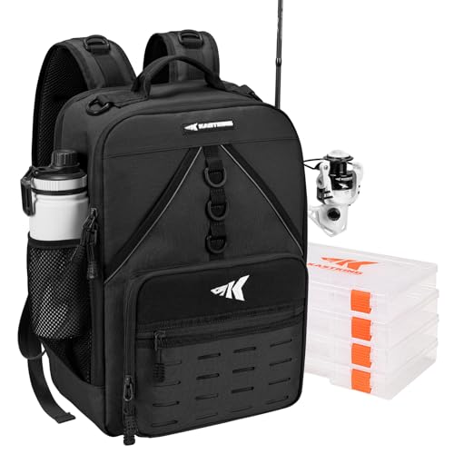 KastKing KarryAll Fishing Tackle Backpack with Rod Holder 4 Tackle Boxes,40/26L Tackle Bag Storage Fishing Gear and Equipment - color: D: Medium (26 L) - Black