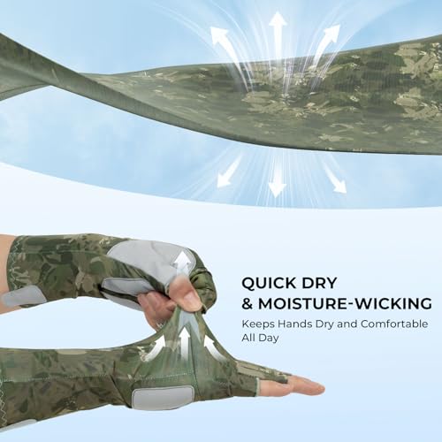 KastKing Agies Fishing Gloves Men, UPF 50+ Sun Gloves UV Protection, Cooling Quick-Dry 3/4 Fingerless Gloves with Extended Cuff, Microfiber Palm & Pull Tabs, for Fishing, Kayaking, Hiking, Hunting - color: X Camo-Olive Green, size: Large-X-Large