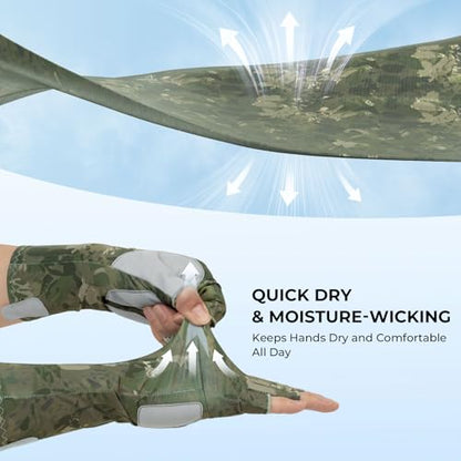 KastKing Agies Fishing Gloves Men, UPF 50+ Sun Gloves UV Protection, Cooling Quick-Dry 3/4 Fingerless Gloves with Extended Cuff, Microfiber Palm & Pull Tabs, for Fishing, Kayaking, Hiking, Hunting - color: X Camo-Olive Green, size: Small-Medium