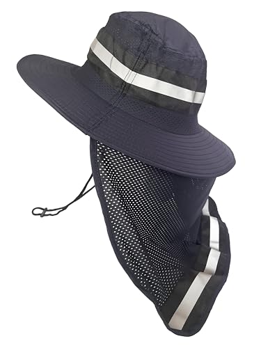Men's Wide Brim Boonie Bucket Sun Hat with Neck Flap, High Visibility Reflective Stripes, UV Protection - color: Navy