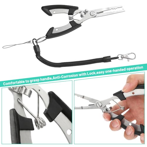 Fishing Pliers, Stainless Steel Needle Nose Plier, Saltwater Fish Nippers with Safety Lanyard, Fishing Hooks Remover Tool, Rustproof Line Cutter Fish Tool for Saltwater Freshwater