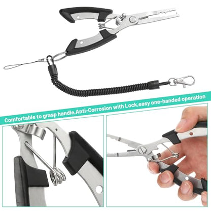 Fishing Pliers, Stainless Steel Needle Nose Plier, Saltwater Fish Nippers with Safety Lanyard, Fishing Hooks Remover Tool, Rustproof Line Cutter Fish Tool for Saltwater Freshwater