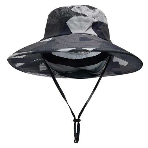 Sun Hats for Men Women Fishing Hat UPF 50+ Breathable Wide Brim Bucket Hats Summer UV Protection Safari Hat with Neck Flap - color: Camo Dark Grey