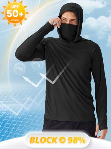 PINSPARK Men's Sun Protection Hoodie with Mask UPF 50+ UV Long Sleeve Shirt Men Rash Guard Performance Fishing Hiking Shirt - color: Black, size: Medium