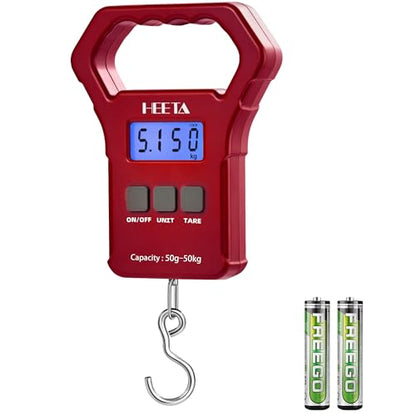 HEETA Fish Scale, 110lb/50kg Digital Portable Hanging Fishing Weight Scale with Backlit LCD Display, Luggage Scale with Hook, Non-Slip Large ABS Handle & 2 AAA Batteries, Fishing Gifts Gear for Men - color: Red