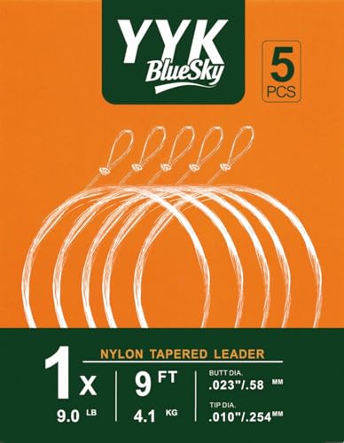YYKBlueSky 9FT Clear Nylon Tapered Leader, Multiple Sizes 0X-7X (0X 1X 2X 3X 4X 5X 6X 7X) Optional, 5PCS Each for Freshwater Fly Fishing Line - size: 1X